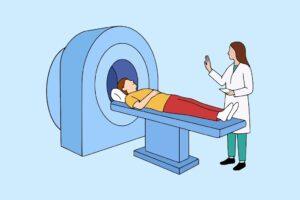 An illustration of a man having a MRI scan as part of the diagnosis for Fibromyalgia